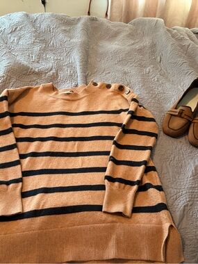 LOFT Camel and Black Striped Crewneck Sweater